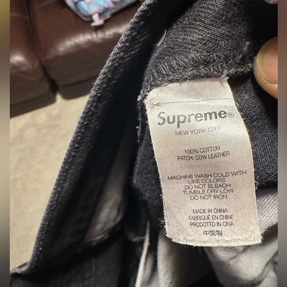 SUPREME  100% COTTON AND PATCH COW LEATHER MENS BLACK COLOR JEAN SIZE 34 - Picture 11 of 12